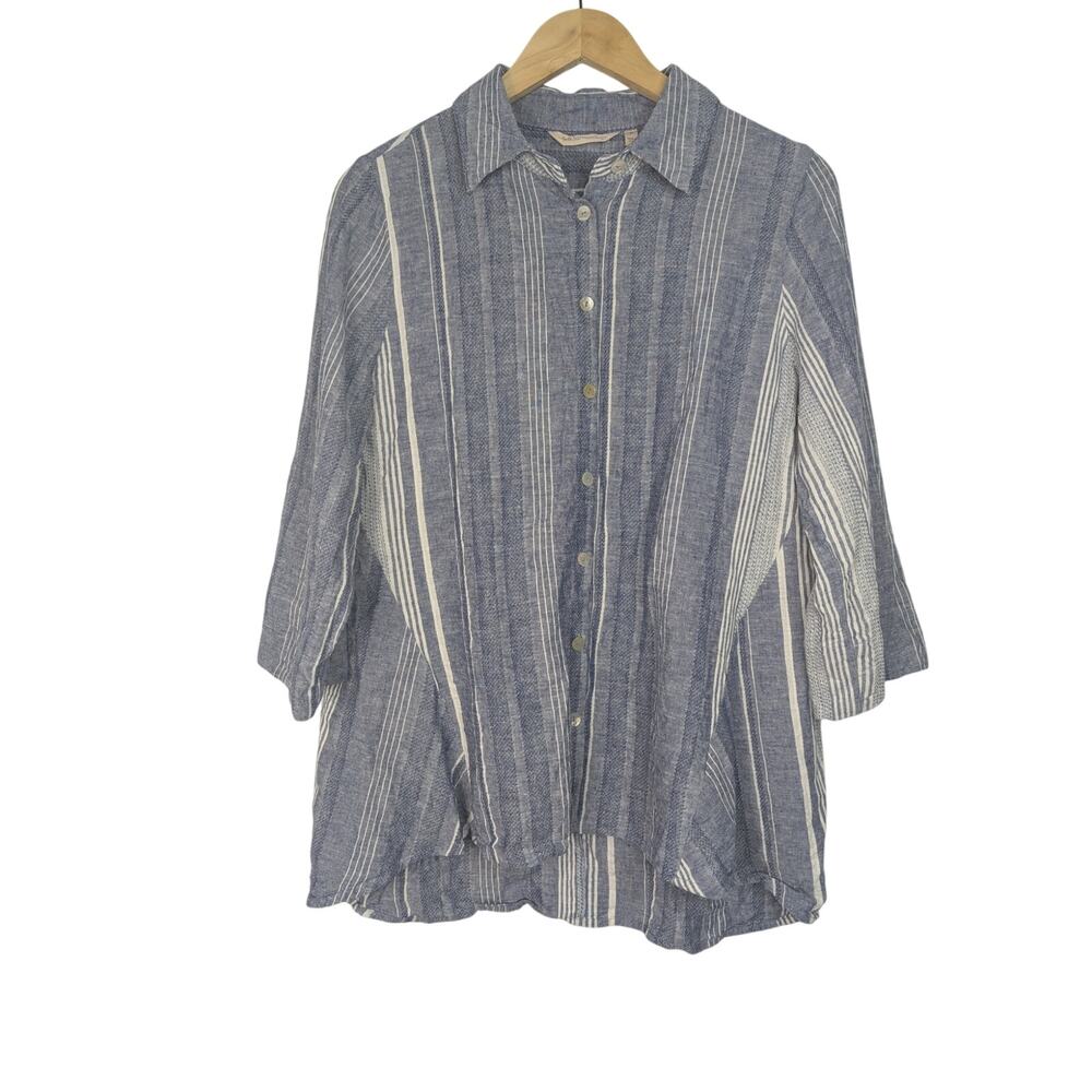 Soft Surroundings Livienne Striped Linen Blend Buttoned Shirt Coastal Lagenlook